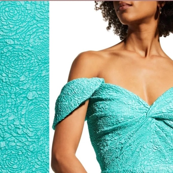 NEW! Tadashi Shoji Audrie Off Shoulder Jacquard Dress 👗 Jasmine Green sz 14 NWT - Picture 6 of 15